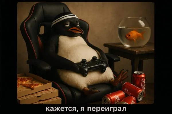 Уставший пингвин-геймер и осуждающий взгляд золотой рыбки. Нейронная сеть Sora images Ai