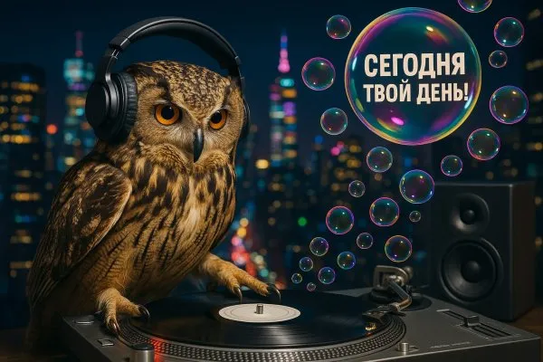 Совиный диджей зажигает танцпол ночного города. Нейронная сеть Sora Images