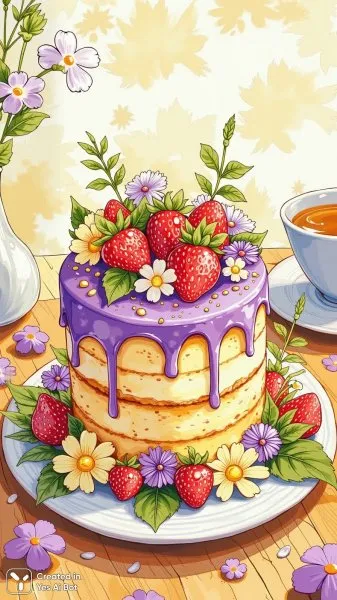 Волшебный торт: клубника, цветы и чашка чая на деревянном столе. Нейросеть Flux