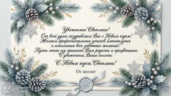 Официальное новогоднее поздравление для дорогой Светланы. Картинка из нейросети Nano-Banana
