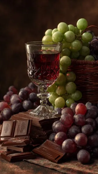 Шоколадное наслаждение с виноградом и бокалом вина. Нейросеть Миджорни