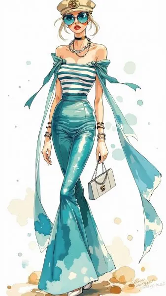 Модный скетч: сочетание Gaultier и Chanel в морской стилистике. Картинка из нейросети Flux.1
