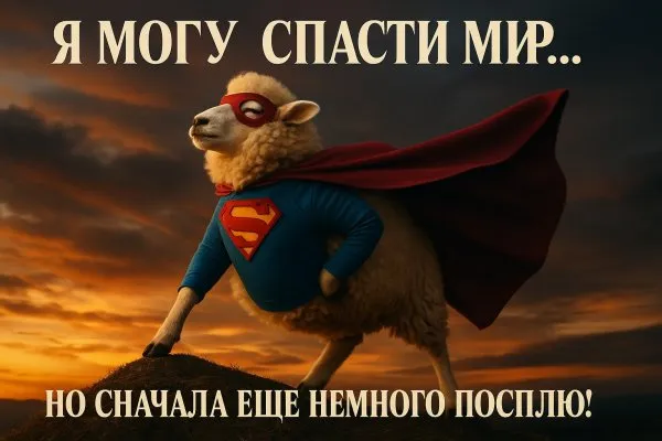Супергеройская овца и драматичный закат над холмом. Генерация из нейросети Sora images Ai