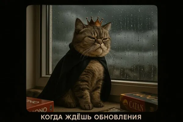 Ждущее обновление: кошачья нетерпеливость под дождем. Генерация из нейросети Sora Ai Images