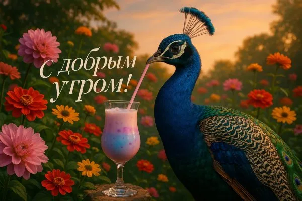 Утреннее наслаждение павлина в цветущем саду. Изображение из нейронной сети Sora