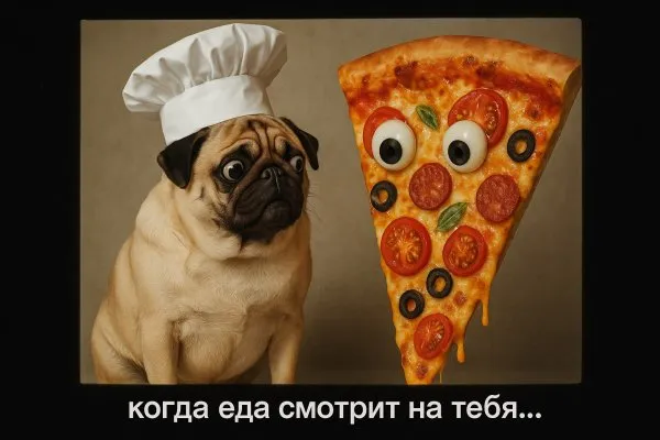 Пышный пёс и огромная пицца: кулинарный сюрприз. Генерация из нейросети Sora Image
