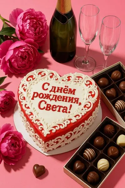 Романтичный торт на День Рождения Светы. Нейросеть Sora Images