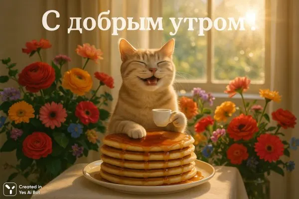 Утренний котик с кофе и блинами – заряд позитива!. Изображение из нейронной сети Sora Images