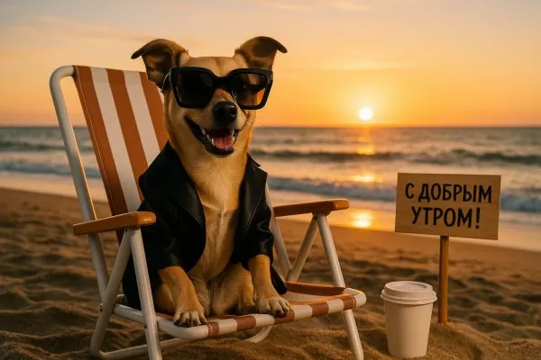 Собачий отдых на пляже с утренним кофе и хорошим настроением. Нейросеть Sora Ai Images