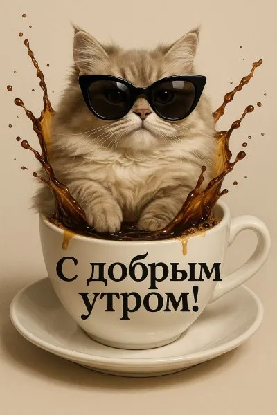 Кофейная нежность: пушистый кот и утреннее настроение в цифровом искусстве. Изображение из нейронной сети Sora