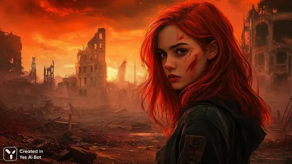 Алые волосы среди руин: взгляд из мира Fallout. Нейронная сеть Midjourney