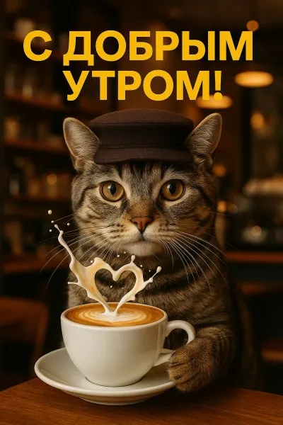Утренний бариста: котик и капучино с сердечком. Генерация из нейросети Sora Images