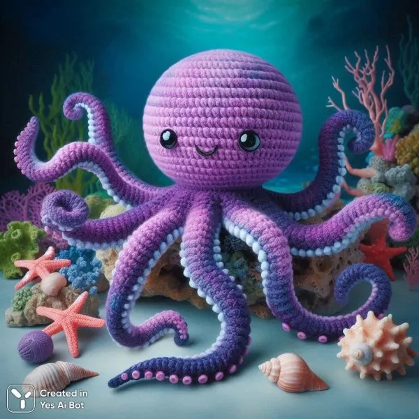 Фиолетовый осьминожка: уютная игрушка ручной работы в морской тематике. Генерация из нейронной сети Dalle 3