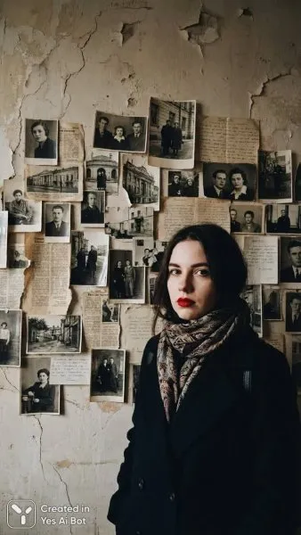 Русская модель в хаосе старых фотографий на фоне потрескавшейся стены. Картинка из нейронной сети Нано Банана