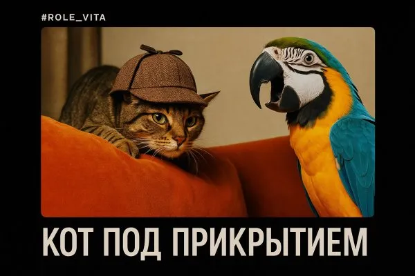 Кот-шпион: неожиданное происшествие в гостиной с попугаем и чёрно-белым кадром. Картинка из нейросети Sora images Ai