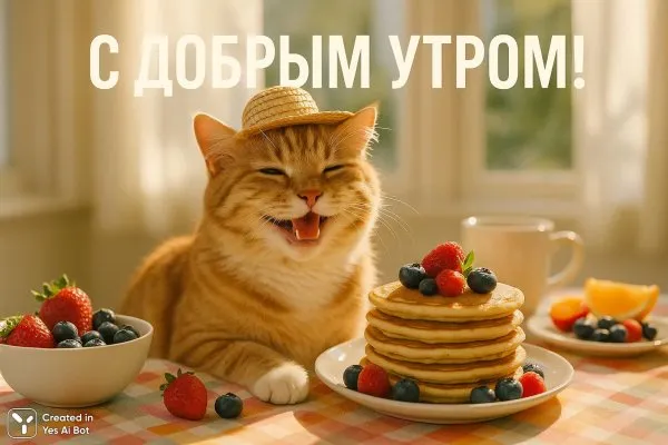 Утреннее настроение кота с солнечной шапочкой на столе. Изображение из нейронной сети Sora Image
