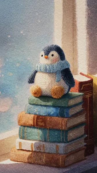 Милый пингвин из амигуруми в уютном мире книг и акварели. Нейронная сеть Миджорни