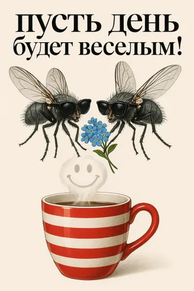 Мушки в очках и весёлый пар над чашкой с цветами. Картинка из нейронной сети Sora Images