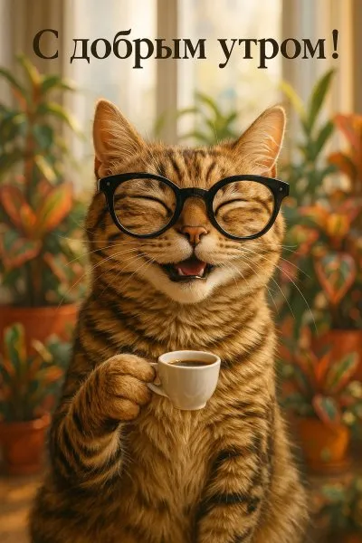 Утренний котик с кофе и очками в солнечном саду. Картинка из нейросети Sora Image