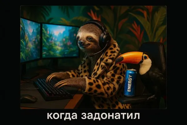 Ленивец-геймер: тропический хаос и ночная смена за мониторами. Картинка из нейронной сети Sora