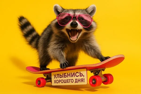 Енот на скейте: улыбка и позитив. Картинка из нейросети Sora Image