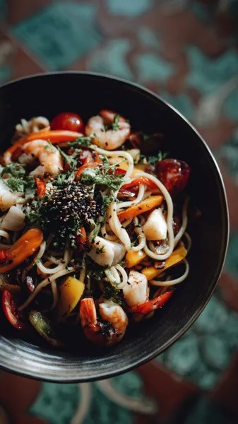 Изысканная фунчоза с морепродуктами: яркий вкус и красота. Изображение из нейронной сети Midjourney