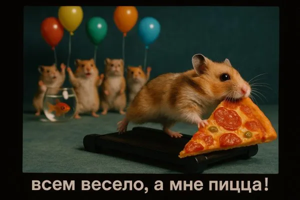 Безумные хомяки и пицца: фото в стиле пленочной ностальгии с юмором и яркими красками. Изображение из нейросети Sora Image