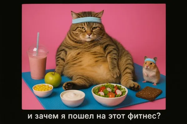 Кот и фитнес: абсурдная реальность здорового образа жизни. Генерация из нейронной сети Sora