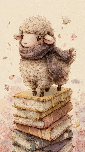 Очаровательная овца в шарфике и очках среди старинных книг и нежных цветов. Генерация из нейронной сети Миджорни