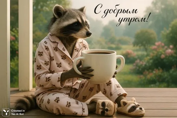 Утренний капустник: уютный енот с кофе на крыльце. Картинка из нейронной сети Sora