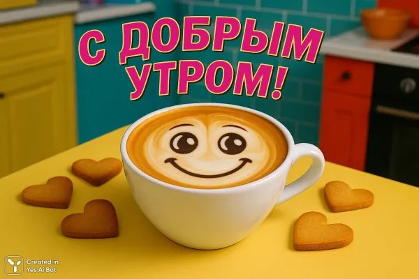 Утреннее настроение: кофе, улыбка и вкусные угощения. Генерация из нейронной сети Sora Ai Images