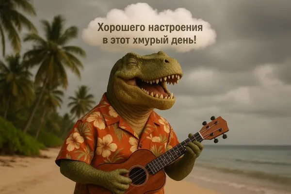 Весёлый динозавр: гавайский рай и хорошее настроение. Генерация из нейронной сети Sora Images
