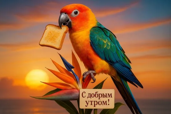 Рассвет тропиков: попугай с тостом и пожеланием доброго утра!. Картинка из нейронной сети Sora images Ai