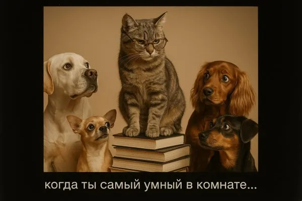Котик-ученый и растерянные псы. Изображение из нейронной сети Sora images Ai
