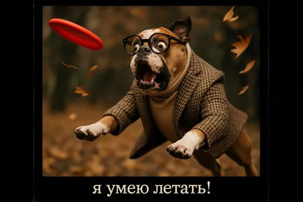 Летящий бульдог с удивлением ловит фрисби в осеннем вихре. Изображение из нейронной сети Sora Ai Images