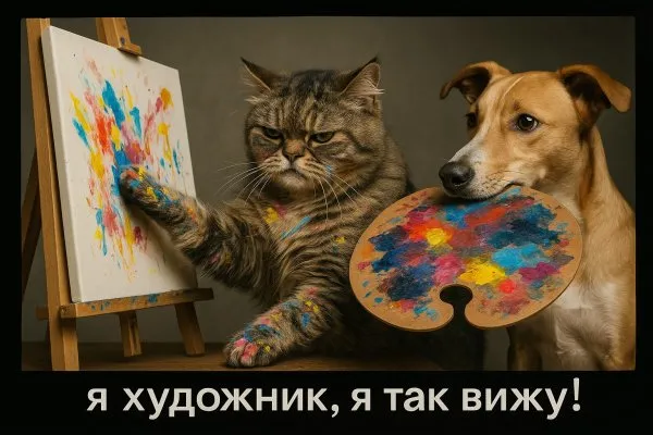 Художник-кот и его вдохновлённый пес. Картинка из нейросети Sora Ai Images