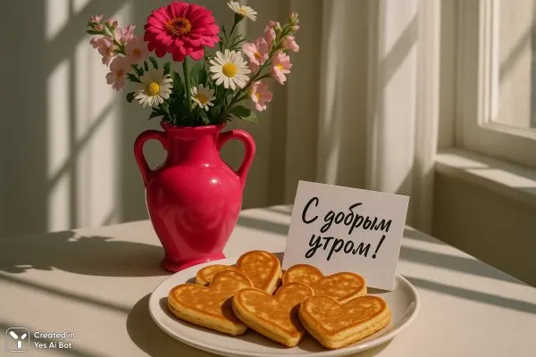 Розовое утро: Амфора, блины и солнечный свет. Нейросеть Sora Image