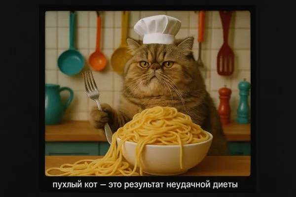 Кот-гурманище и гора спагетти: забавная фотография с юмором. Генерация из нейронной сети Sora