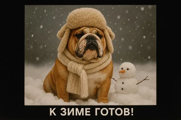 Зимнее настроение бульдога в уютном снежном пейзаже. Нейросеть Sora Images