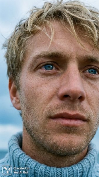 Молодой человек с небесно-голубыми глазами и легкой небритостью в голубом свитере. Нейросеть NanoBanana