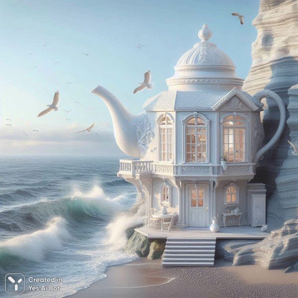 Изысканный чайный домик на скале над морем. Картинка из нейронной сети Dalle-3