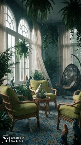 Тропический оазис в стиле модерн: умиротворяющий уголок с экзотическими растениями и солнечным светом. Генерация из нейросети Nano-Banana