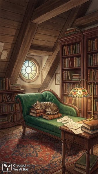 Уютная библиотека на чердаке: старинные книги и осеннее тепло. Нейронная сеть Nano-Banana