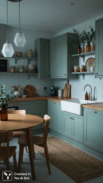 Скандинавский интерьер кухни: нежность шалфея и светлое дерево. Нейронная сеть Nano-Banana