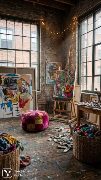 Творческий беспорядок: богемная мастерская художника в стиле Баскиата. Изображение из нейронной сети Нано Банана