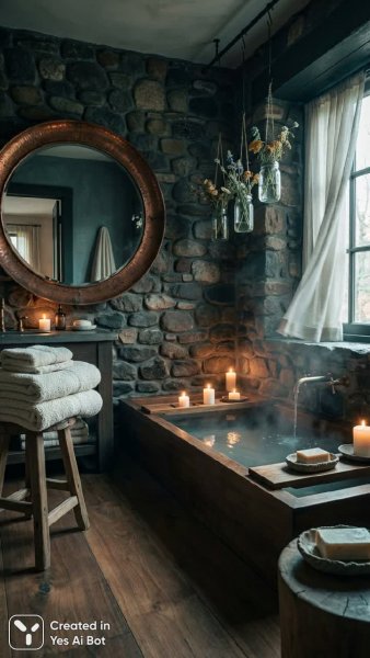 Изысканная деревенская ванная комната в стиле рустик с природными элементами и уютом. Генерация из нейронной сети NanoBanana