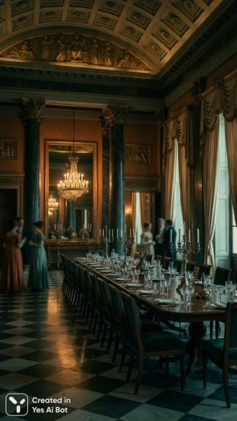 Величественный обеденный зал в стиле не классицизма с золотыми деталями и роскошной обстановкой. Изображение из нейросети Nano-Banana