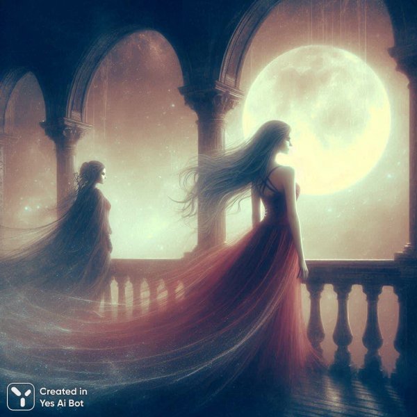 Ночная драма на балконе: страсть и напряжение в лунном свете. Нейросеть Dalle