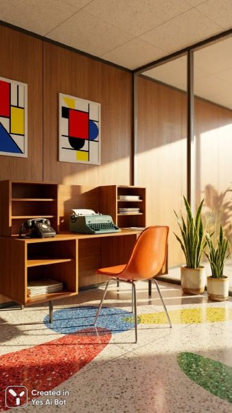 Офис в стиле середины века: элегантность и функциональность. Нейронная сеть Nano-Banana