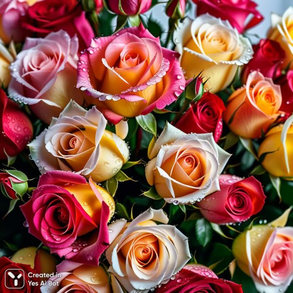 Роскошный букет роз: макросъемка в 8K разрешении с эффектом свежести и гиперреализмом. Изображение из нейросети Stable Diffusion